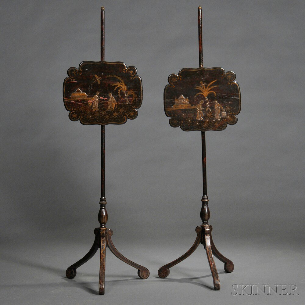 Appraisal: Pair of Georgian-style Japanned Firescreens late th century each cartouche-shaped