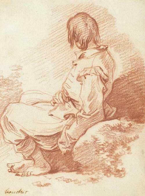 Appraisal: BOUCHER FRANCOIS Paris Boy seated on a stone Red chalk