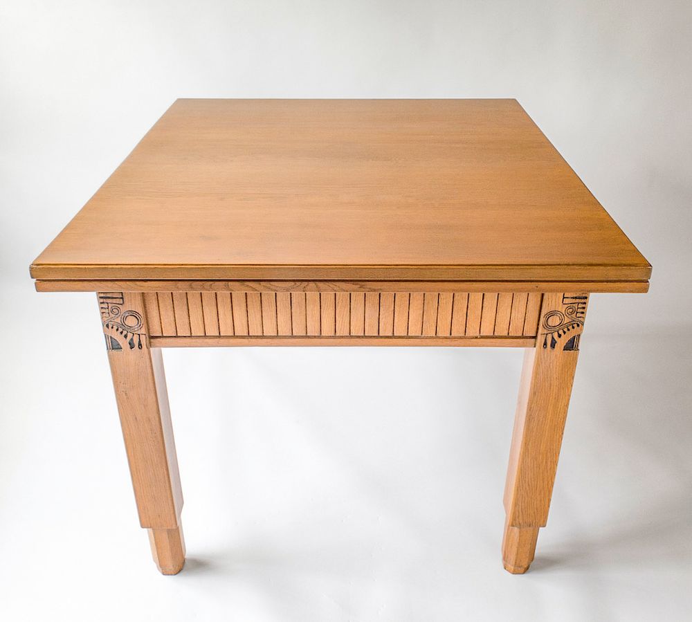 Appraisal: Finnish Carved Oak Jugendstil Expandable Table Finnish Carved Oak Jugendstil