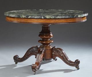 Appraisal: French Carved Walnut Marble Top Center Table late th c