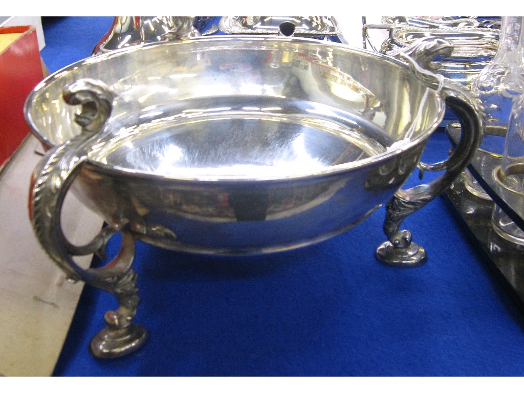 Appraisal: Silver plated centrepiece bowl with three mythical beast supports