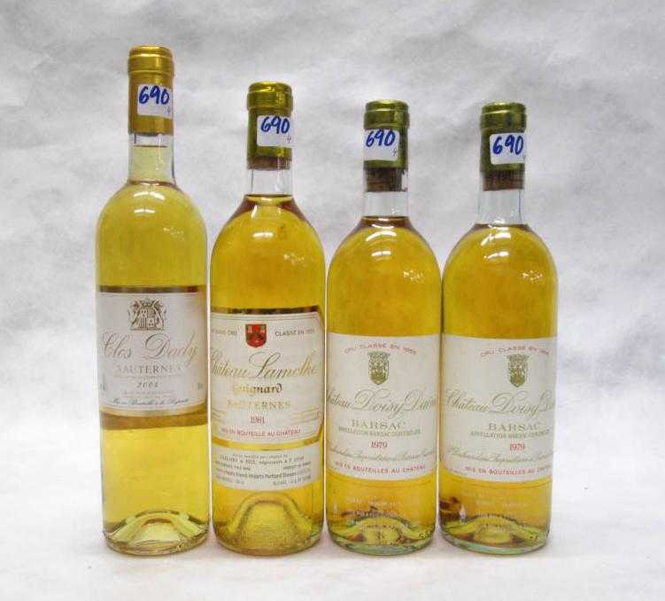 Appraisal: FOUR BOTTLES OF VINTAGE FRENCH WHITE BORDEAUX WINE Chateau Clos