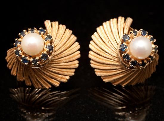 Appraisal: Pair of K yellow gold sapphire and cultured pearl fan-form