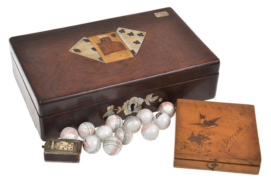 Appraisal: GAMES BOX CONTAINING EARLY MARBLES MINIATURE DOMINO SET AND OTHER