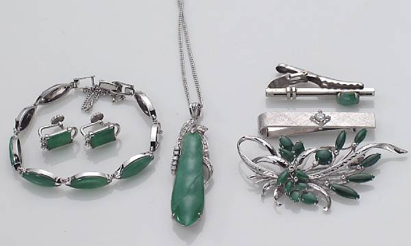 Appraisal: A collection of diamond jade and k white gold jewelry