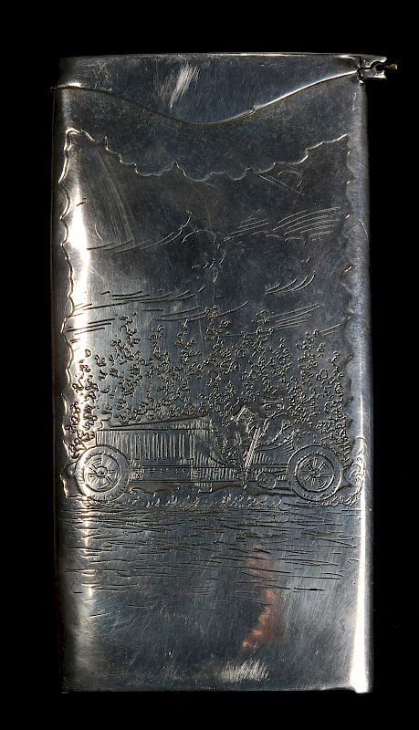 Appraisal: A STERLING CARD CASE ENGRAVED W EARLY AUTOMOBILE A sterling