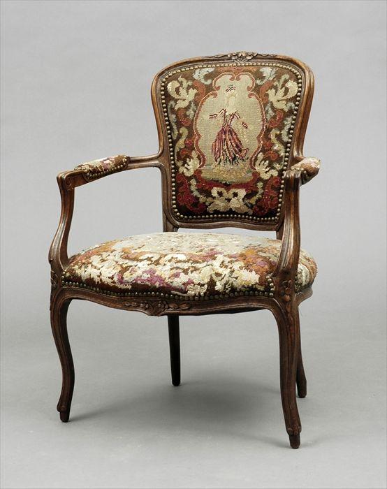 Appraisal: Louis XV-Style Carved Beechwood Fauteuil with Needlework Upholstery x in