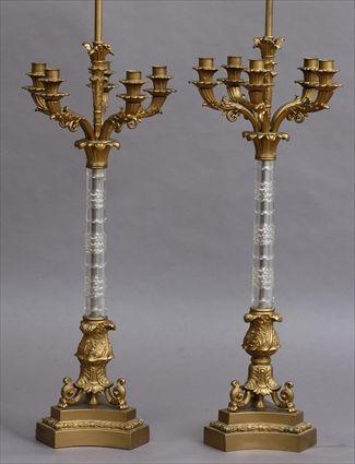 Appraisal: PAIR OF EMPIRE-STYLE GILT-METAL-MOUNTED CUT-GLASS COLUMN-FORM CANDELABRA LAMPS Each diamond