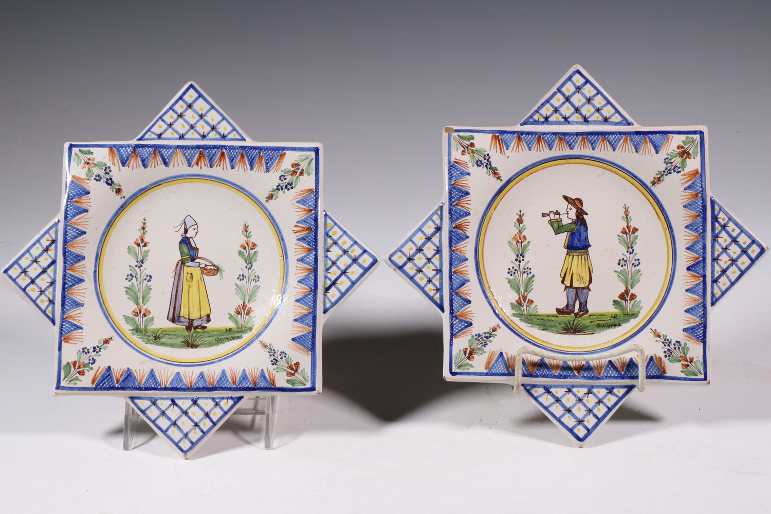 Appraisal: PR QUIMPER PLATES Pair of Quimper French Faience Handkerchief Form