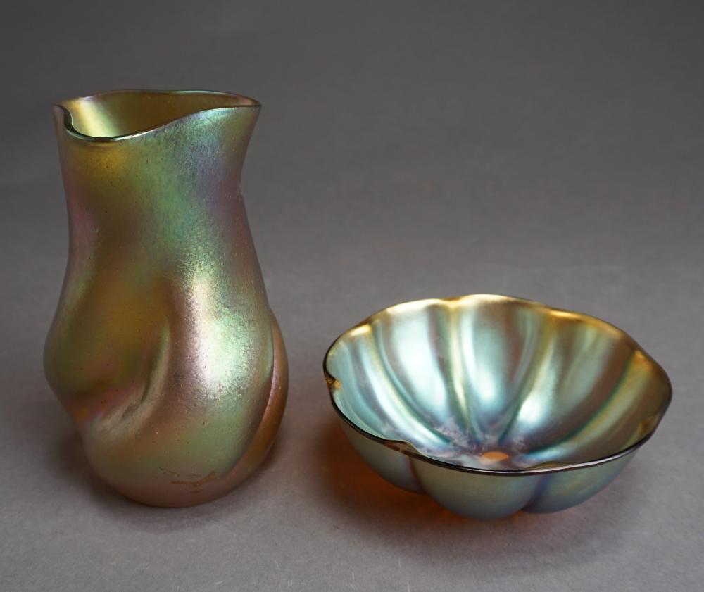 Appraisal: Unsigned Gold Iridescent Glass Spiral Vase and a Floriform Bowl