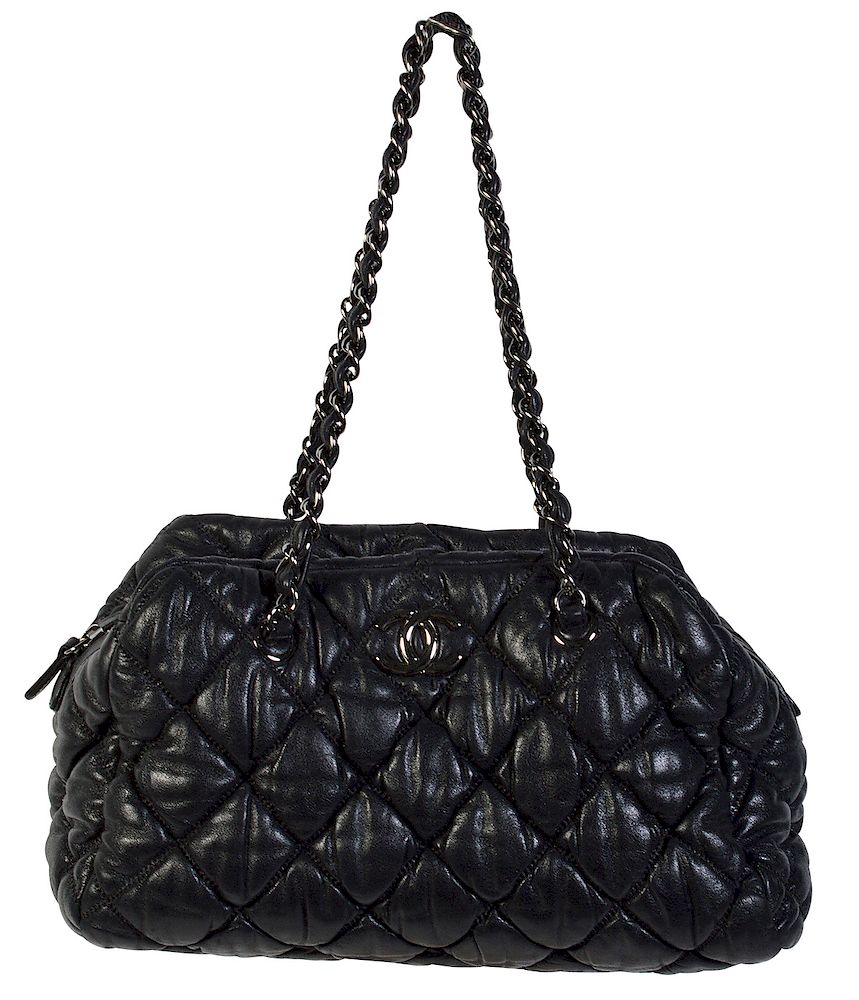 Appraisal: CHANEL Black Leather 'Bowler' Bag w Bubble Quilt Chanel black