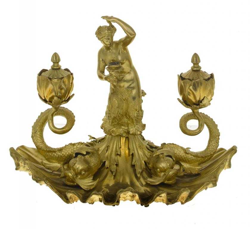 Appraisal: A FRENCH RENAISSANCE REVIVAL GILT BRONZE SHELL-SHAPED ENCRIER surmounted by