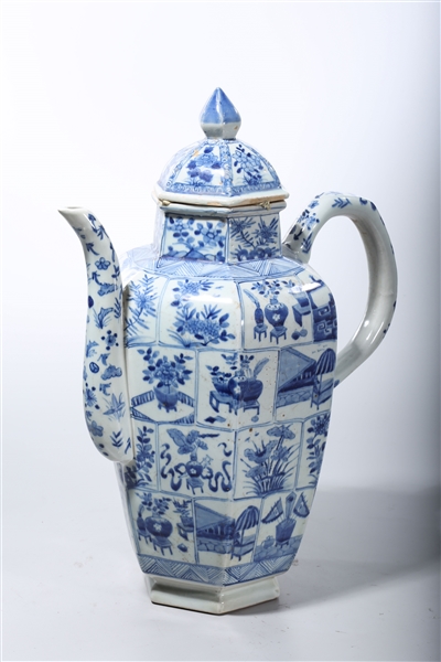 Appraisal: Chinese blue and white porcelain hexagonal covered ewer with various