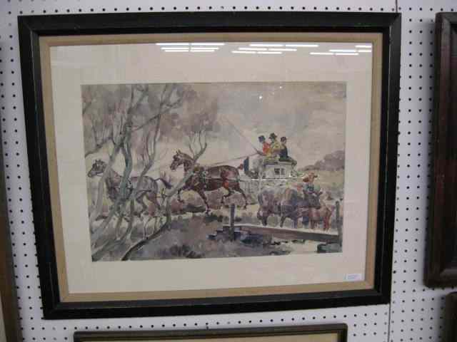 Appraisal: Harold Breul Watercolor of a ''Go to Cover Cart''tandem style