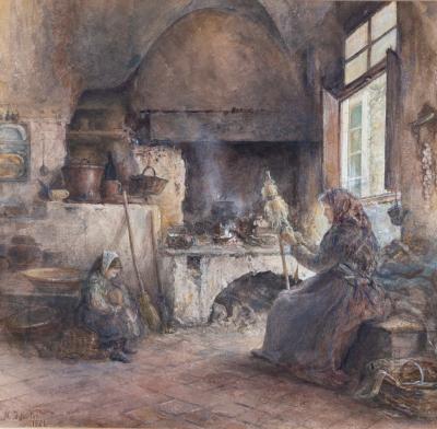 Appraisal: M Fowler Italian Peasant and Child in a Kitchen signed