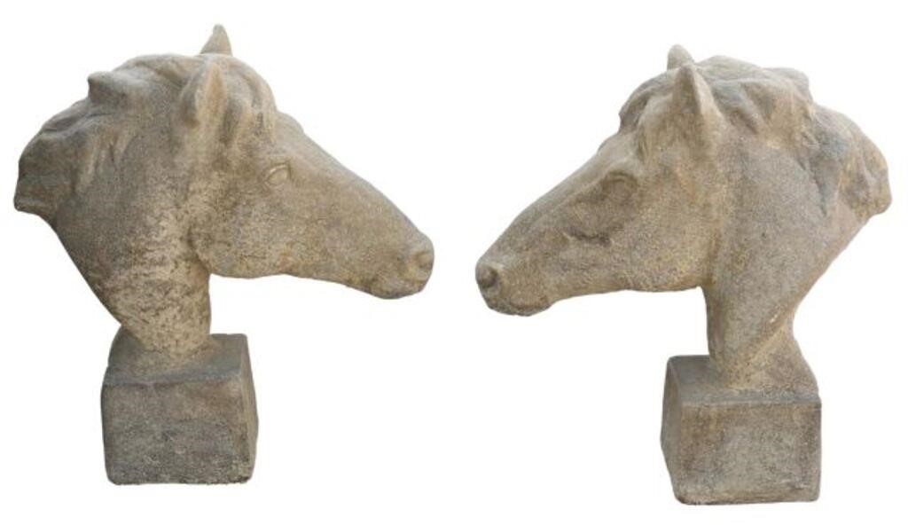 Appraisal: pair Cast stone garden statuary gate post finials Horse Heads