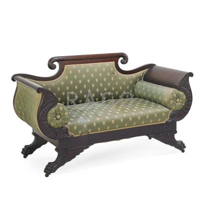 Appraisal: AMERICAN EMPIRE REVIVAL LOVE SEAT Mahogany frame upholstered seat and