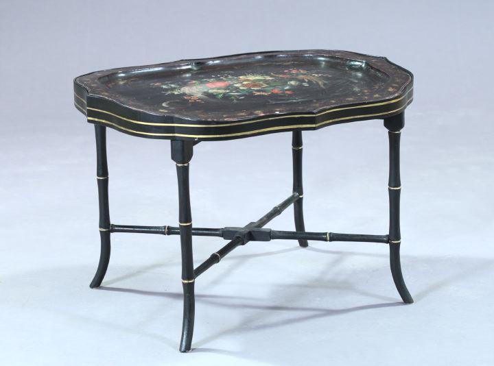 Appraisal: Large English Polychromed and Parcel-Gilt Black-Lacquered Papier-MGchT Tray in Peacocks