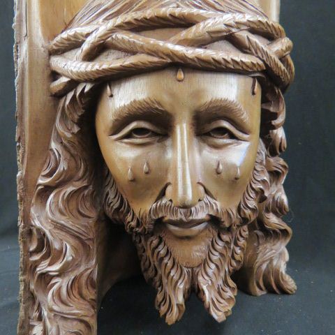 Appraisal: Carved Walnut Bust of Christ superb detail natural bark trim