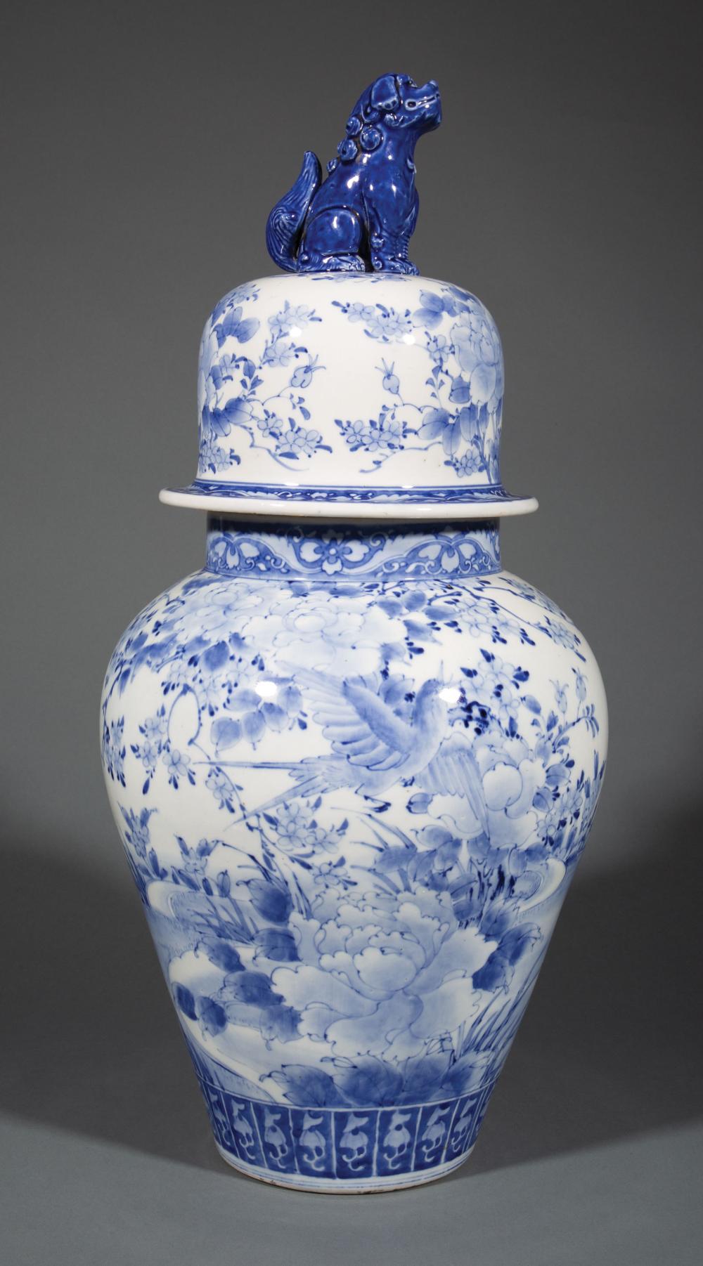 Appraisal: Large Japanese Blue and White Porcelain Covered Vase late th