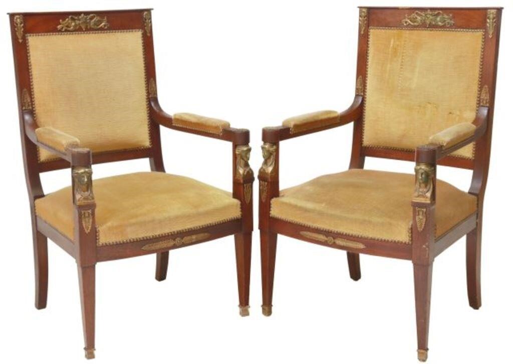 Appraisal: pair French Empire style mahogany armchairs late th c frame