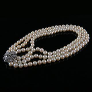 Appraisal: Lady's Vintage Three Strand Pearl Necklace with Diamond and Karat