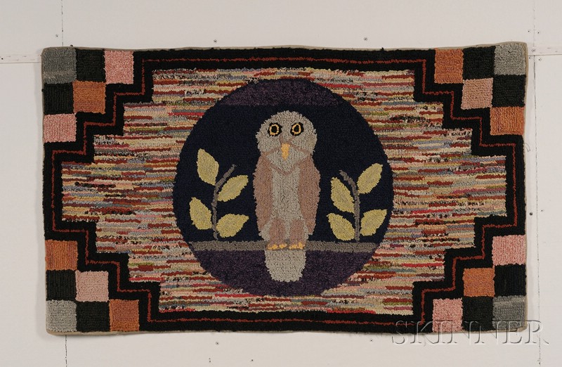 Appraisal: Wool Hooked Geometric and Figural Rug with Owl Motif America