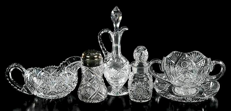 Appraisal: Six Brilliant Period Cut Glass Table Objects horseradish jar muffinier