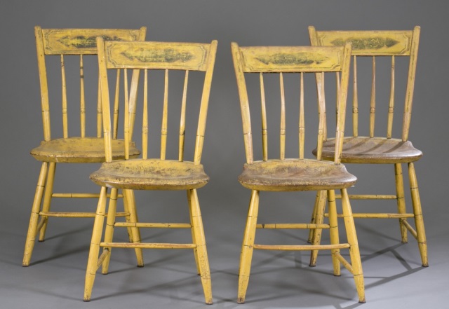 Appraisal: Four Ca American Windsor Armchairs Mustard paint with stencil decoration