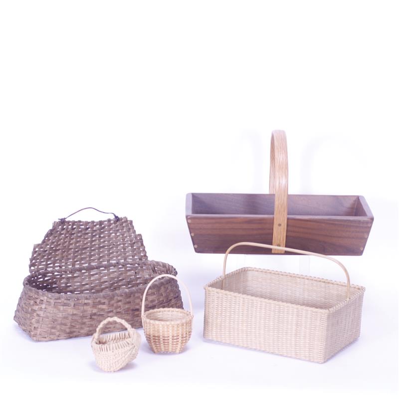 Appraisal: Five Handmade Baskets Rectangular with Oak Handle signed M W