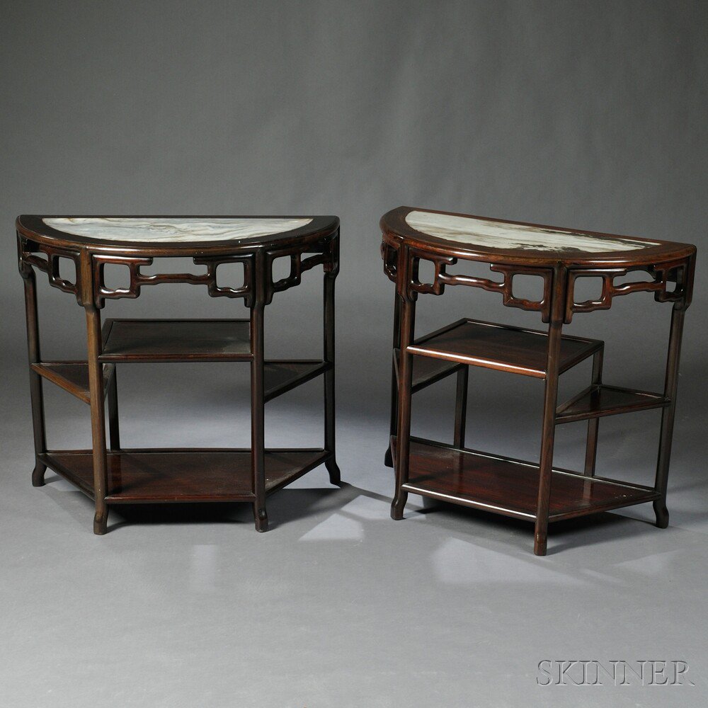 Appraisal: Pair of Marble-top Demilune Console Tables China Dali shi panels