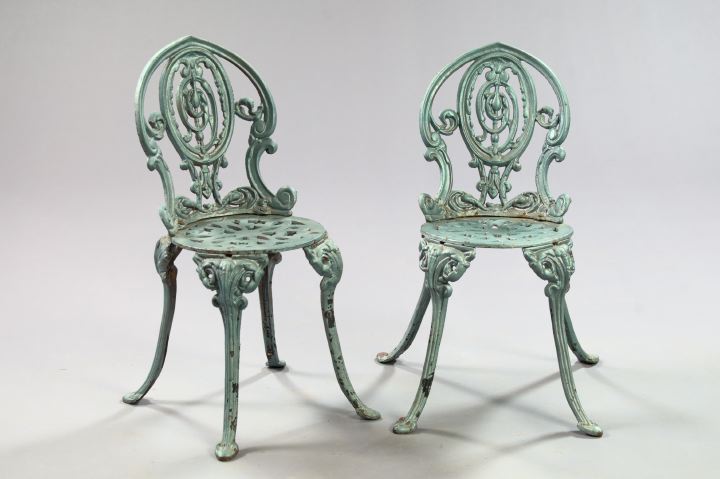 Appraisal: Pair of Diminutive Cast-Iron Polychromed Garden Chairs early th century