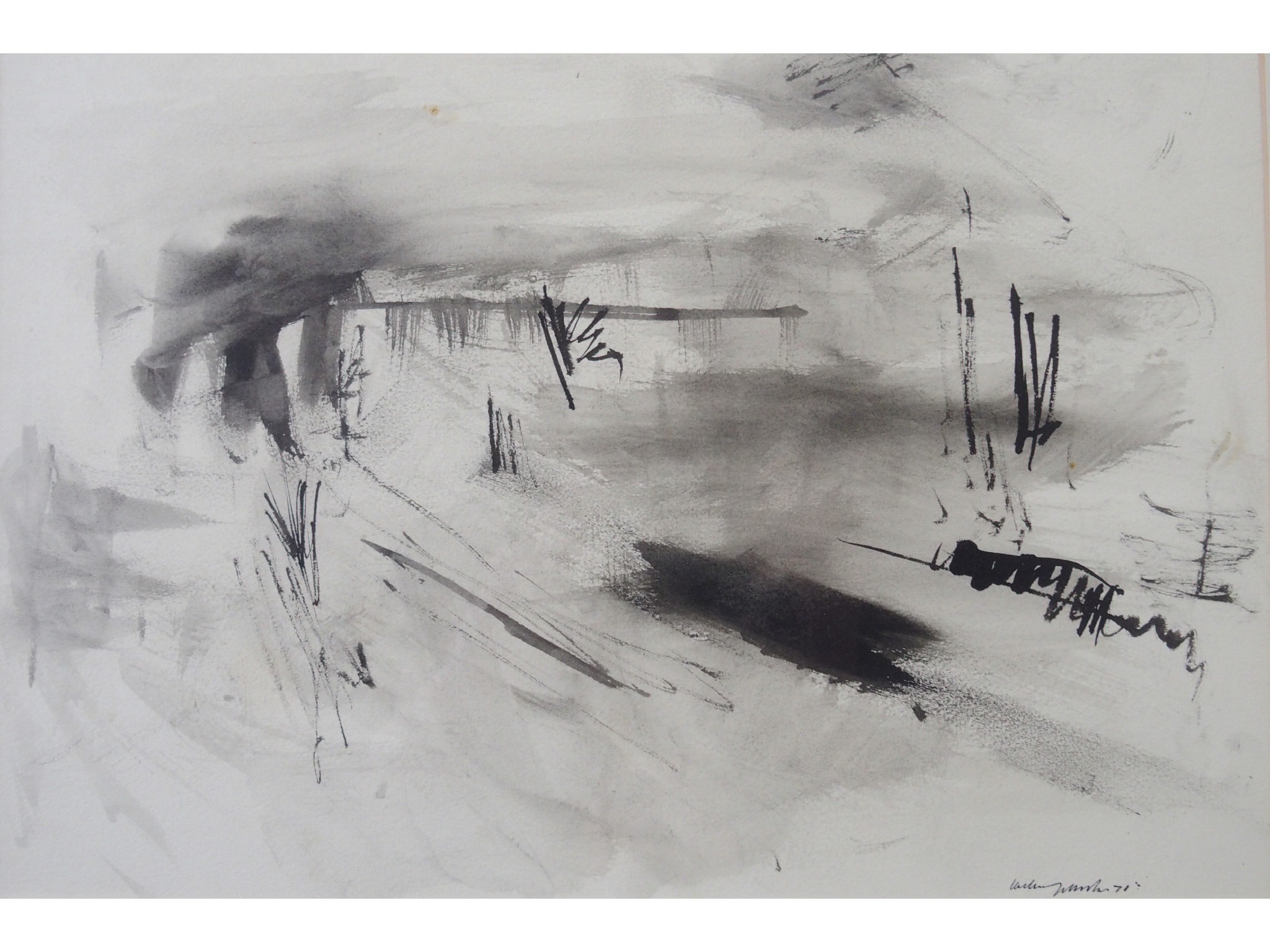 Appraisal: WILLIAM JOHNSTONE OBE Scottish - BORDERS RIVER LANDSCAPEInk and wash