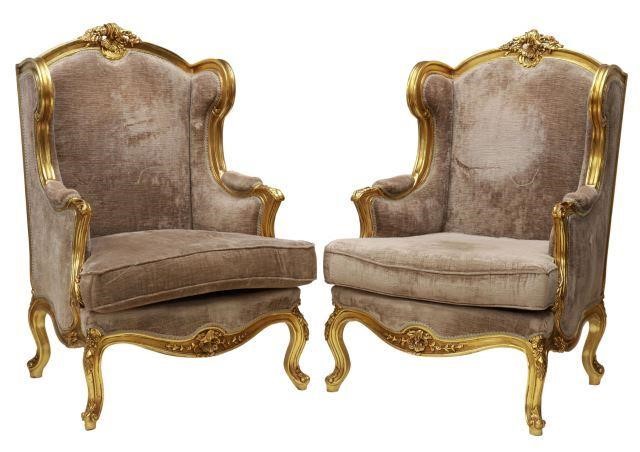 Appraisal: pair Louis XV style giltwood wingback armchairs th c carved