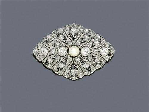 Appraisal: PEARL AND DIAMOND BROOCH ca Platinum Elegant lozenge-shaped florally open-worked