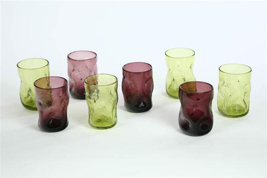 Appraisal: EIGHT ART GLASS TUMBLERS Crackle glass pinched tumblers four are