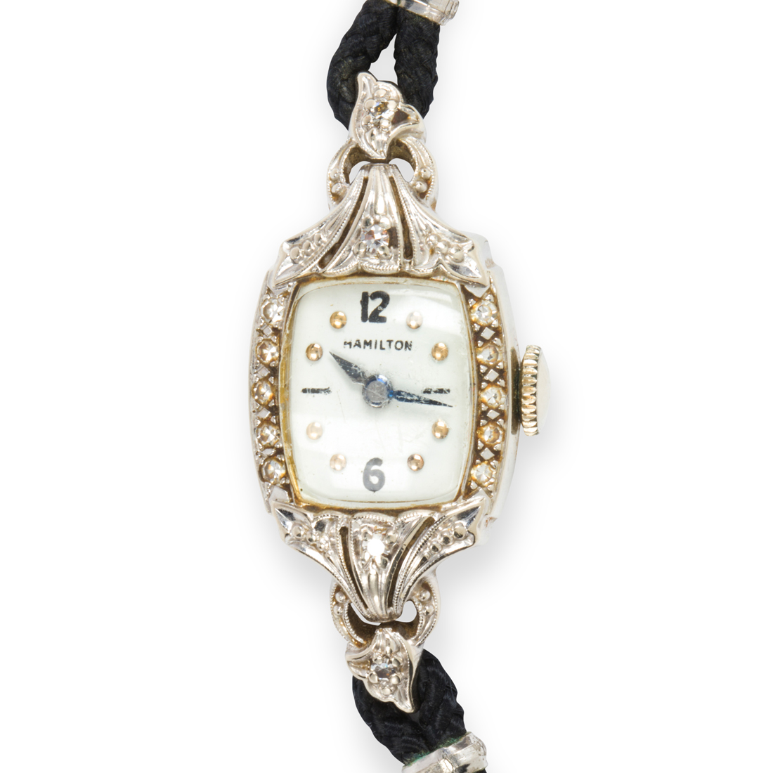 Appraisal: A DIAMOND AND FOURTEEN KARAT WHITE GOLD DRESS WATCH HAMILTON