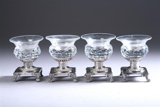 Appraisal: FOUR FRENCH SILVER MOUNTED CUT CRYSTAL SALTS Circa Silver mounts