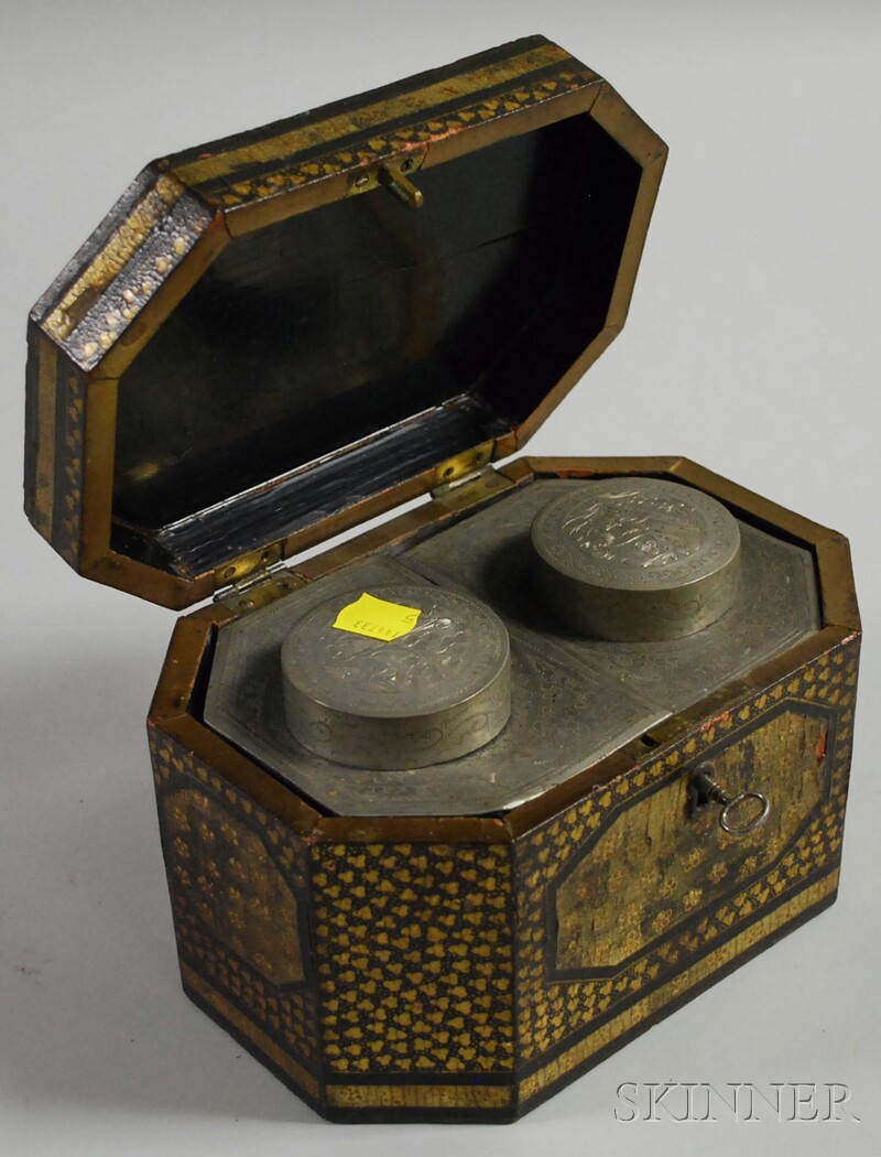 Appraisal: th Century Chinese Gilt Lacquered Wood Tea Caddy chamfered rectangular