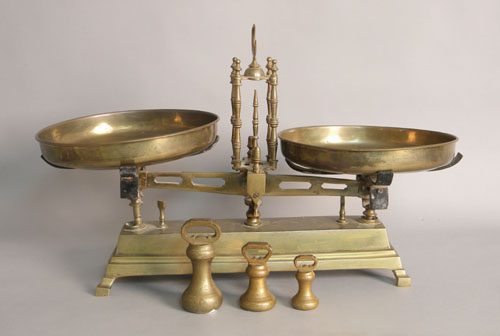 Appraisal: Large brass balance scale with pans and weights ca l