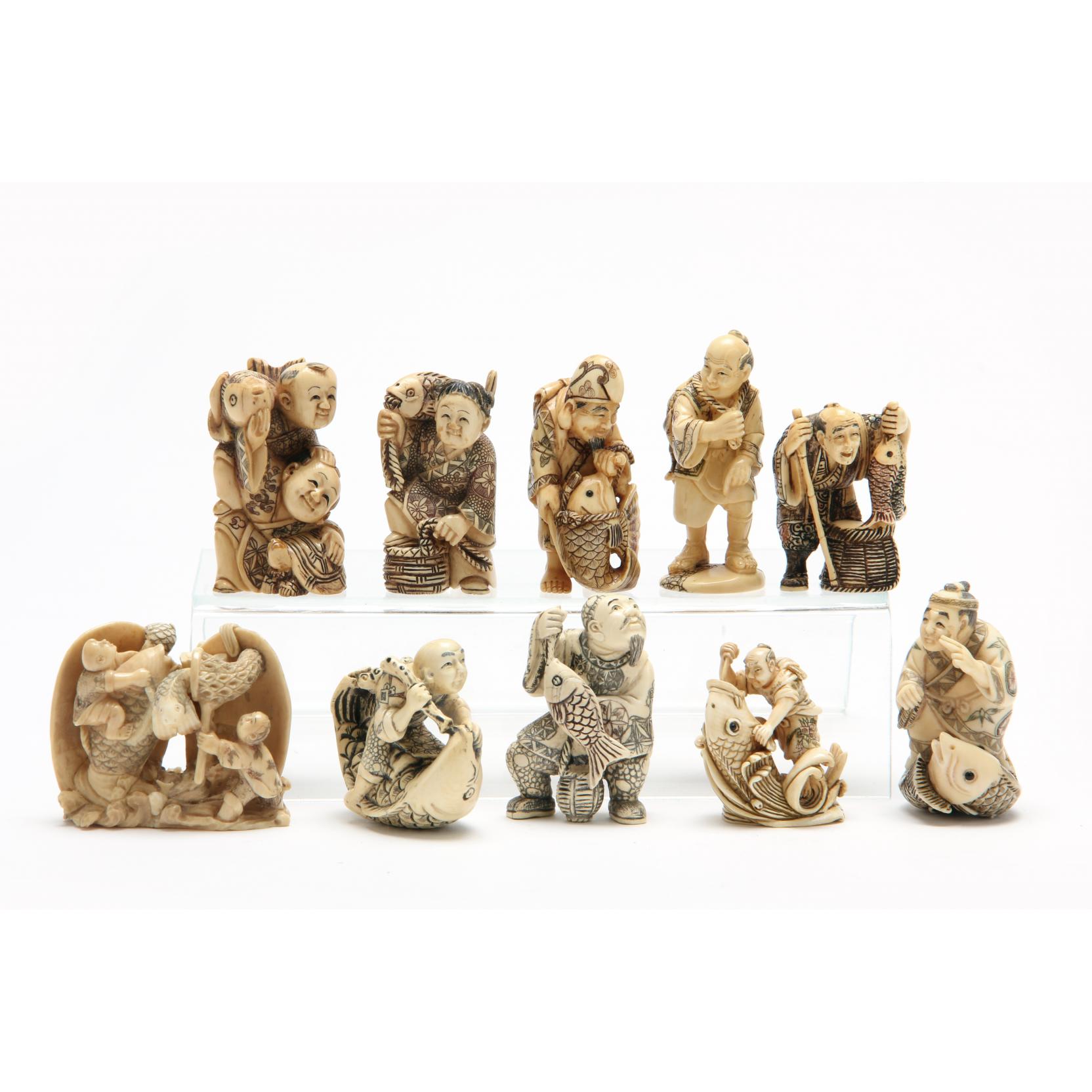 Appraisal: Group of Ten Fisherman Netsuke th century ivory eight of