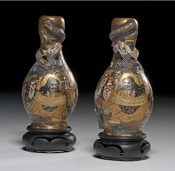 Appraisal: PAIR OF SATSUMA CABINET VASES WITH DRAGONS Meiji Period -