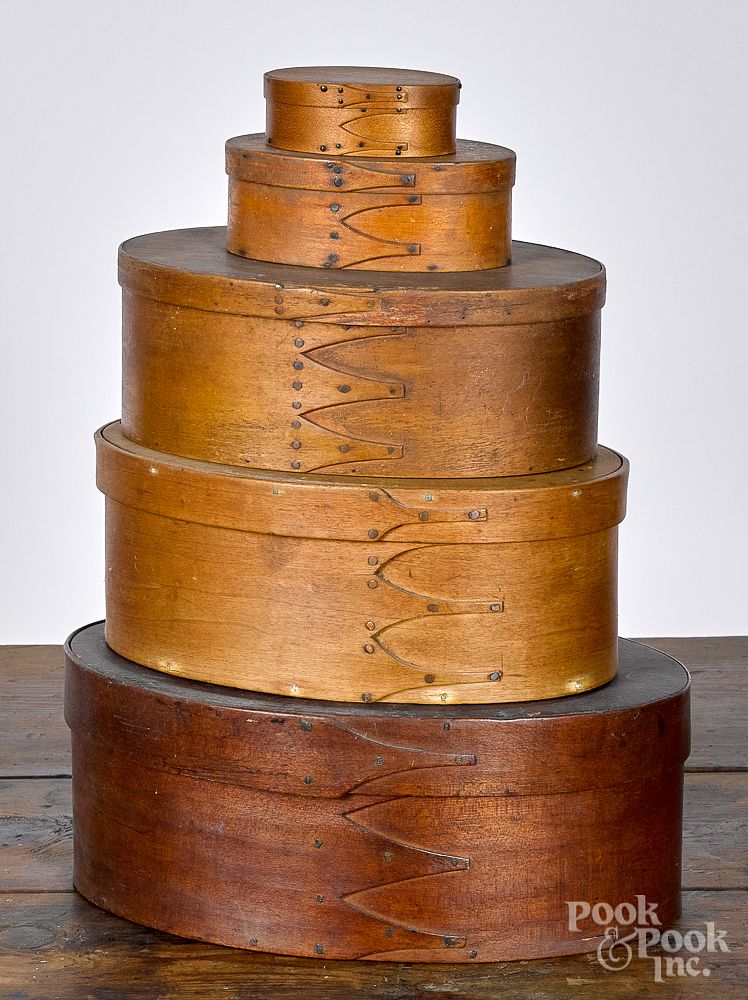 Appraisal: Five Shaker stacking bentwood boxes th c Five Shaker stacking