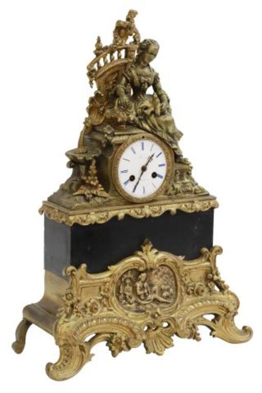 Appraisal: French figural gilt metal and black stone mantel shelf clock