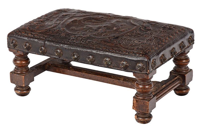 Appraisal: Rare Borghese Attributed Footstool Italian walnut frame with turned legs