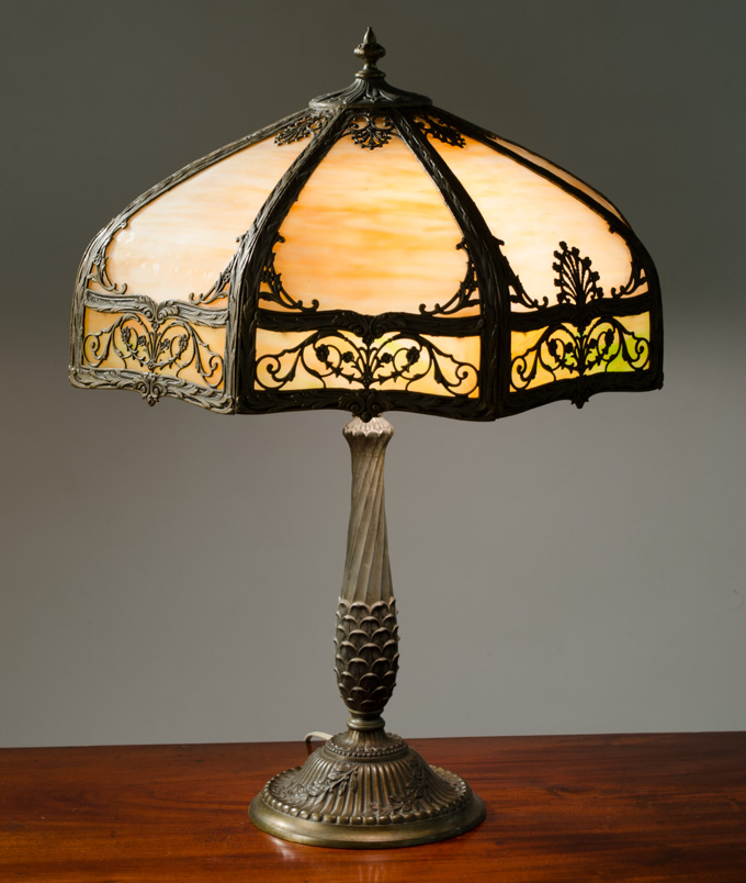 Appraisal: SLAG GLASS SHADED TABLE LAMP shade having eight caramel panels