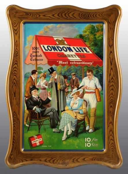 Appraisal: Tin London Life Cigarettes Advertising Sign Description Early s Beautiful