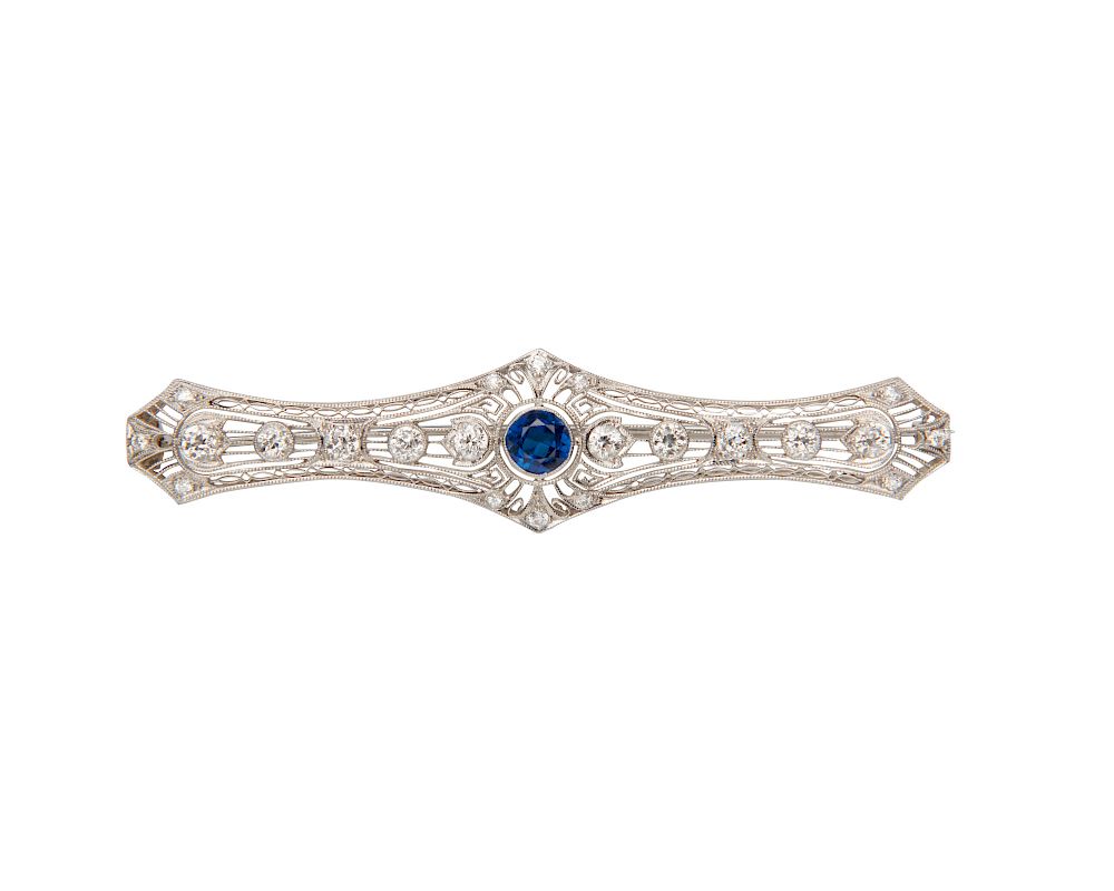 Appraisal: Platinum Synthetic Sapphire and Diamond Bar Brooch Platinum Synthetic Sapphire