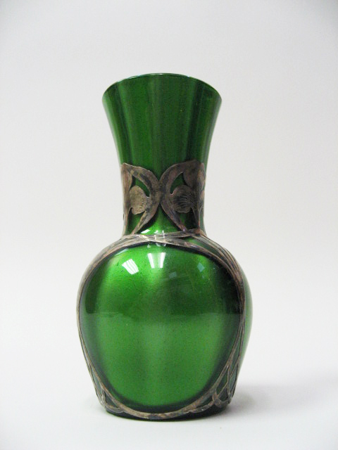 Appraisal: Silver Overlay Vase green glass with floral motif overlay Provenance