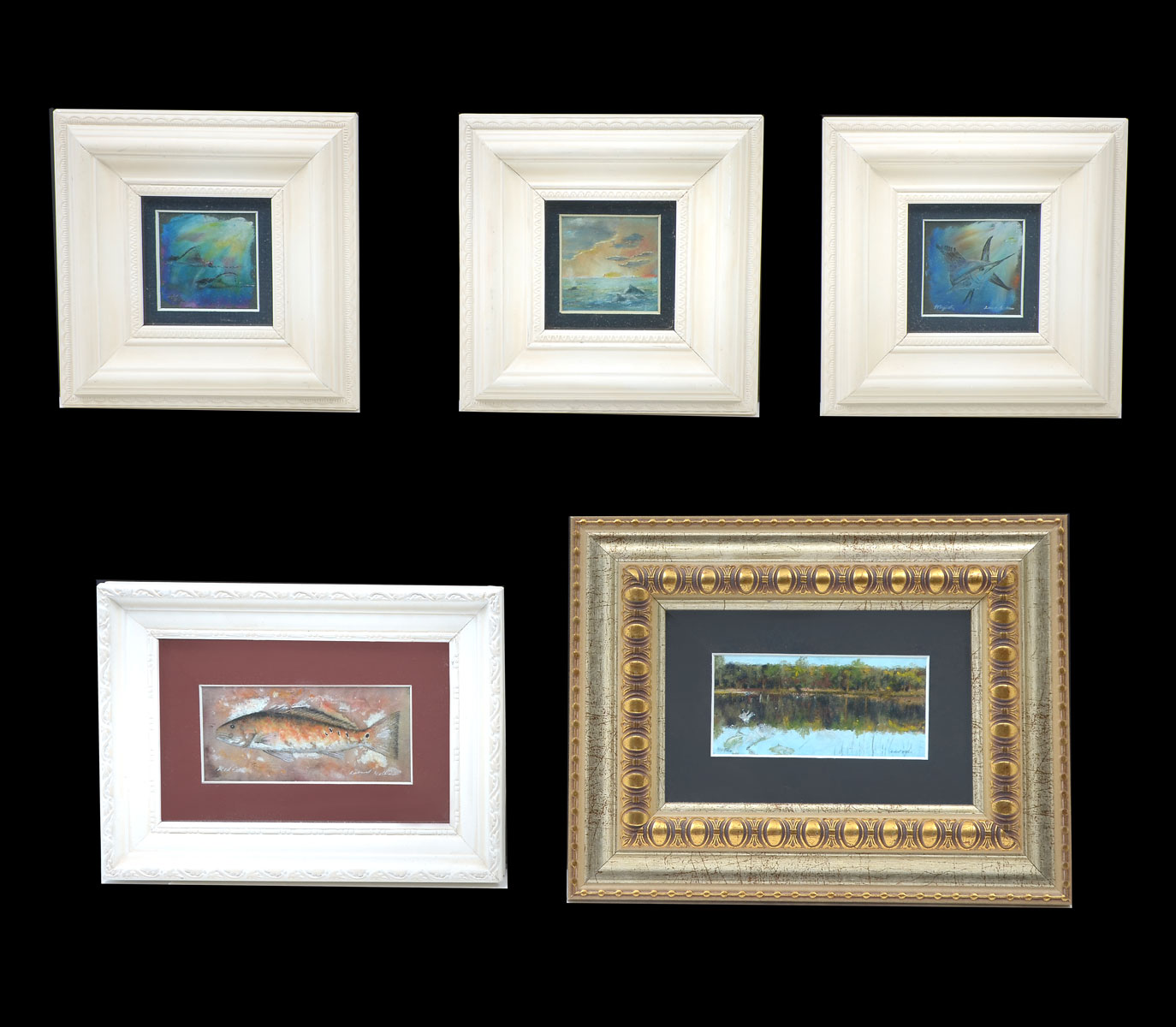 Appraisal: PIECE LELAND WILLIAMS MINIATURE PAINTINGS LOT Humpbacks Sunrise Oil Pastel